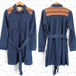 Denim Button Up Trench Coat Dress Printed Shoulder